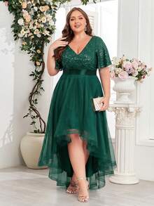 XUCTHHC Plus Size Elegant Party V-Neck Ruffle Sleeve Sequin High-Low Hem Mesh Skirt Formal Ball Gown, Wedding Guest, Cocktail Party, Holiday, Autumn/Winter - Dark Green - View 3