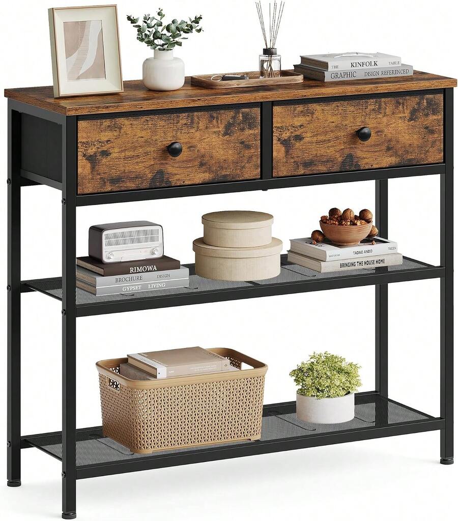 2026-HOT:Colección - Mesa Consola, con 2 Estantes de Rejilla, Salón, Recibidor | Para entrada, sala de estar, 3 cajones de tela, negro ébano, colección BELLAH ULGS098B201 - Marrón - Ver 1