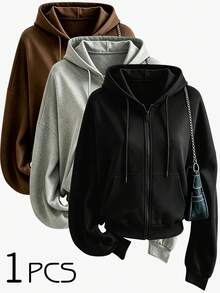1pc Women's Fashion Minimalist Solid Color Zip-Up Hoodie, Long Sleeve Drawstring Hood Design, Casual Travel Gym Jacket Black - Black - View 1
