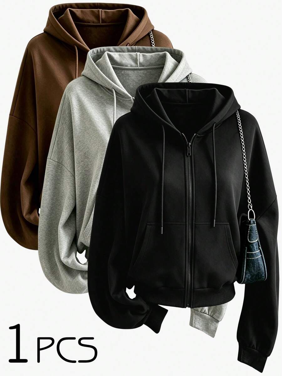1pc Women's Fashion Minimalist Solid Color Zip-Up Hoodie, Long Sleeve Drawstring Hood Design, Casual Travel Gym Jacket Black - Black - View 1