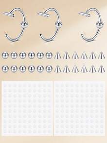 Fake Eyebrow Ring Fake Lip Ring Lip Stud, With 100pcs Replacement Ball Spikes, Non-Piercing Body Jewelry Fake Skin Piercing - Silver - View 8