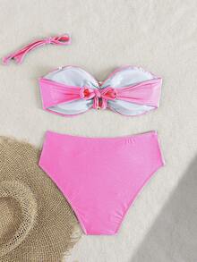Women's Solid Color Flat Chest Hanging Neck Bikini Two Pieces Set, With Metal Accessories In The Middle, Suitable For Island Vacation - Pink - View 4
