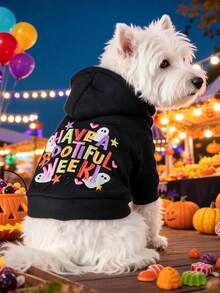 PETCIRCLE 1件寵物衣服 秋冬新款小狗幼犬貓咪可愛節日氛圍字母刺繡連帽衛衣 - 萬聖節週 - 黑色 - 查看 2
