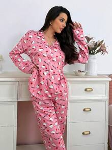 Noctvar OBM Sleepwear X Hello Kitty طقم بيجامة نسائي بطبعة هالو كيتي وردية لطيفة على كامل التصميم مع كارديجان بياقة، ملابس منزلية ناعمة ومريحة بأسلوب أنثوي، طقم من قطعتين - وردي - مشاهدة 7