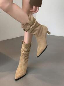 Buckle Ruched Mid-Calf Boots Plus Size Women's Vintage Pointed Toe Stiletto Heel Fashion Boots - Khaki - View 3