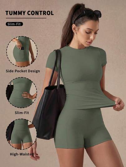 6pecil Conjunto de dos piezas para el hogar en color marrón café, top de manga corta y pantalones cortos de ciclismo de talle alto con bolsillos, ropa deportiva de otoño para mujer en tono mantequilla estético