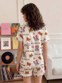 Disney 2-Piece Set Printed Casual Versatile Short Sleeve Button-Front Pocket Top And Elastic Waist Shorts Women's Pajama Set Suitable For All Seasons Home Wear - Beige - View 2