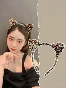 1 buah Bando Telinga Kucing Plush Motif Leopard Kartun, Bando Telinga Hewan untuk Halloween - Beraneka warna - View 1