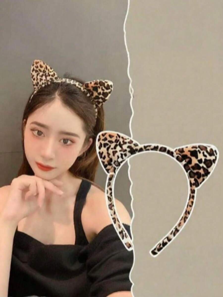 1 buah Bando Telinga Kucing Plush Motif Leopard Kartun, Bando Telinga Hewan untuk Halloween - Beraneka warna - View 1