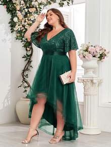 XUCTHHC Plus Size Elegant Party V-Neck Ruffle Sleeve Sequin High-Low Hem Mesh Skirt Formal Ball Gown, Wedding Guest, Cocktail Party, Holiday, Autumn/Winter - Dark Green - View 4