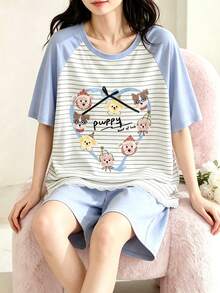AICJ Comfortable Women's Striped Cute Cat Dog Letter Print Pajama Set - Short Sleeve Crew Neck Pullover Top[T-Shirt]And Lace Patchwork Shorts Knit Fabric Spring Summer - Casual Loose Fit Maternity Wear Home Loungewear 2-Piece Set - Baby Blue - View 3