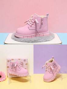Autumn/Winter Girls' Thermal-Lined Warm Boots, Cartoon Pretty Girl Print Side-Slip-On Soft Sole Baby Ankle Boots - Pink - View 3