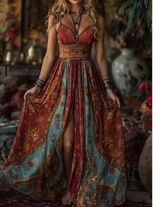 Women's New Bohemian Printed V-Neck Spaghetti Strap Vacation Dress Summer Elegant - Multicolor - View 1