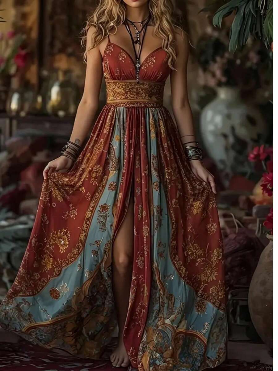 Women's New Bohemian Printed V-Neck Spaghetti Strap Vacation Dress Summer Elegant - Multicolor - View 1