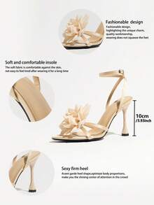 Women's Beige High Heel Sandals With 3D Fabric Floral Decor, Unique Twisted Design, Thin Stiletto Heel, Pointed Toe, Versatile Elegant Style, Suitable For All Seasons, Parties, Gatherings, Evening Events, Stage, Runway, Street Style, Outdoor, Dating, Wedding, Thin Strap - Beige - View 7