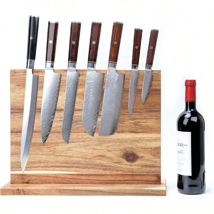Large Magnetic Holder, Acacia Wooden Magnetic Block 16 X 12 Inches, Rack Magnetic Universal Stands With Strong Enhanced Magnets Strip Kitchen Storage Cutlery Organizer Without Knifves - Brown - View 1