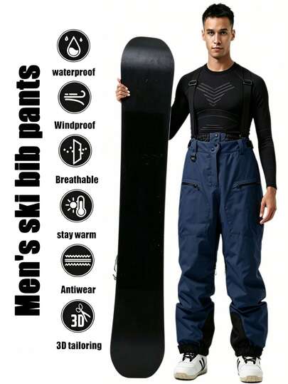 1 Stück Herren abnehmbare Latzhose Skihose, kreuzweise verstellbare Schultergurte mit hoher Taille und schneesicherem Design, doppelte seitliche Reißverschluss-Aufbewahrungstaschen, Innenseiten-Lüftungsreißverschluss, verstellbarer Saum-Reißverschluss, Taillen-Schneeschutz-Struktur, verstärkte Nähte, lockerer gerader Schnitt, Einzel-/Doppelboard Outdoor-Schneesport-Latzhose