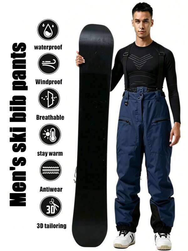 1pc Men's Detachable Bib Ski Pants, Cross Adjustable Shoulder Straps With High Waist Snow-Proof Design, Dual Side Zipper Storage Pockets, Inner Thigh Air Vent Zipper, Adjustable Hem Zipper, Waist Snow Skirt Structure, Reinforced Stitching, Loose Straight Fit, Single/Double Board Outdoor Snow Sports Bib Pants
