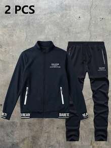 Men's Letter Print Zip-Up Long Sleeve Top And Pants Casual Daily Sports Set - Navy Blue - View 2