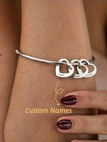 Silver Personalized Engraved Multi-Name (1-6 Names) Heart Pendant Bracelet, Women's Customized Name, Heart-Shaped Pendant, Stainless Steel Bracelet, Gold Jewelry, Mother's Day Gift, Anniversary Gift, Gift For Friends, Proposal, Gift For Classmates, Valentine's Day Gift, Silver, Fashion, Colorful, Vintage, Minimalist, Unisex - Love Bracelet-silver - View 1