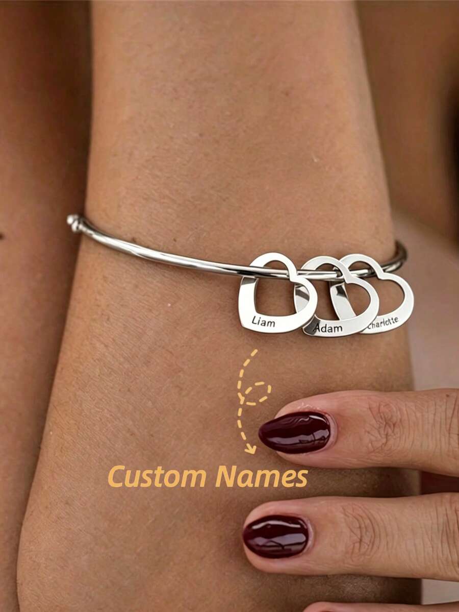 Silver Personalized Engraved Multi-Name (1-6 Names) Heart Pendant Bracelet, Women's Customized Name, Heart-Shaped Pendant, Stainless Steel Bracelet, Gold Jewelry, Mother's Day Gift, Anniversary Gift, Gift For Friends, Proposal, Gift For Classmates, Valentine's Day Gift, Silver, Fashion, Colorful, Vintage, Minimalist, Unisex - Love Bracelet-silver - View 1