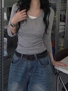 Casual Versatile Solid Color Slim Fit V-Neck T-Shirt - Grey - View 5