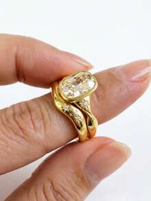 Juego de 2 anillos estilo europeo y americano Starlight Gold Star, anillos vintage con línea retorcida y diamante de corte rectangular, anillos apilables de atmósfera para mujer - Dorado - Ver 1