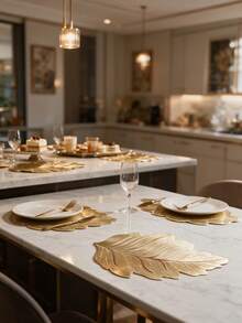 12pcs Gold Rectangular Leaf PVC Placemats, Waterproof & Oil-Proof Western Table Mats, Washable & Odorless Tableware Pads, Non-Slip Table Decor Mats, Suitable For Restaurant, Cafe, Homestay, Holiday, Party, Gathering, Birthday, Wedding, Dinner - Multicolor - View 7