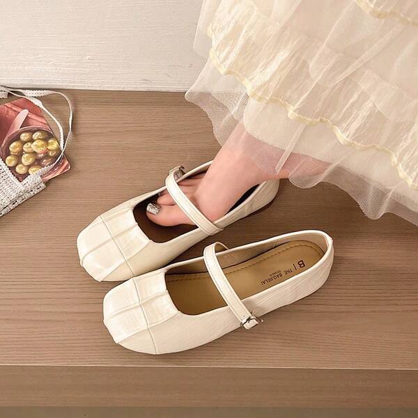 Women Pleated Square Toe Mary Jane Flats, Single Buckle Strap Soft Sole Walking Shoes For Dating Shopping Daily Casual Outfits