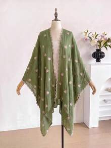 1件極簡心形刺繡開襟披肩女款和服/圍裙，春夏波希米亞風外套，海灘度假防曬裝飾刺繡開襟衫，適合日常搭配，送禮佳選 - 綠色 - 查看 2