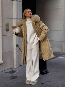 Women's Mid-Length Jacket With Faux Fur Collar And Belt, Suitable For Autumn And Winter - Khaki - View 2