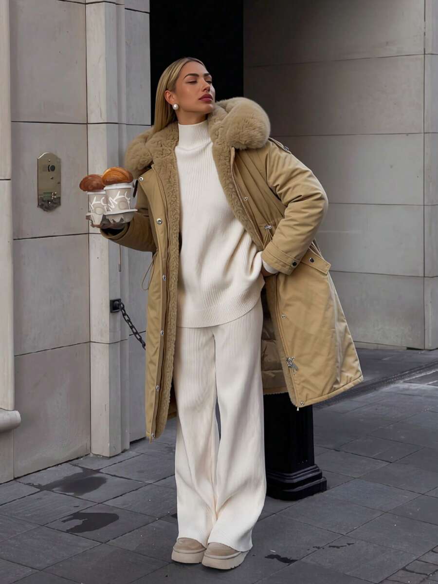 Women's Mid-Length Jacket With Faux Fur Collar And Belt, Suitable For Autumn And Winter