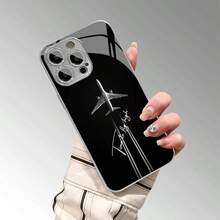 1pc Minimalist Cool Airplane English Pattern Glass Material Phone Case Compatible With IPhone - Silver - View 5