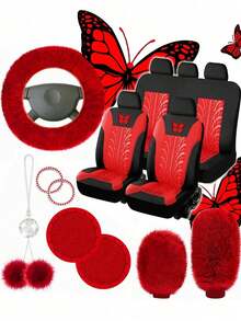 8pcs/9pcs/17pcs Breathable Car Seat Covers Set, Butterfly Pattern, With Soft Plush Steering Wheel Cover, Gear Shift Cover, Handbrake Cover And Rhinestone Plush Pendant, Create Comfortable Driving Experience - Multicolor - View 19