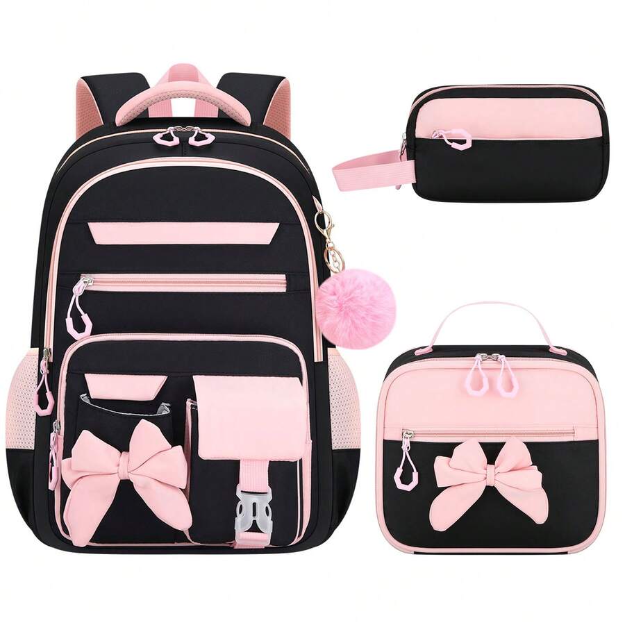 3 Pieces Bowknot Large Capacity Backpack Set With Tote Bag And Storage Pouch, Plush Ball Decor, Ideal Back To School Gift, Travel And Daily Commute Backpack Set - Sets - View 1