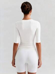 XLLAIS 3/4 Sleeve T-Shirt, Double-Layer Elastic Convertible Neckline, Fitted Top Spring Casual White - White - View 3