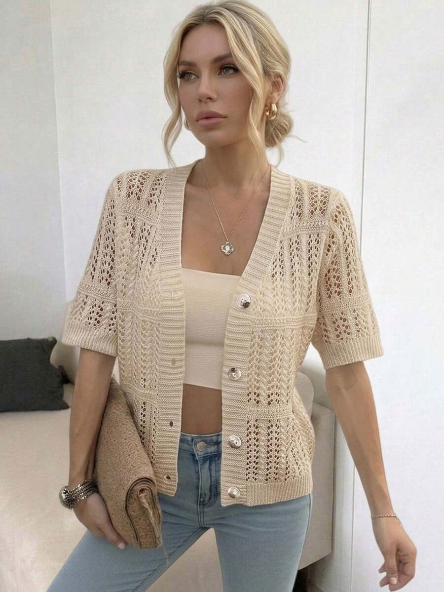 Hollow-Out Solid Color Simple Casual Fashionable Short Sleeve Knitted Cardigan For Women, Spring/Summer - Khaki - View 1