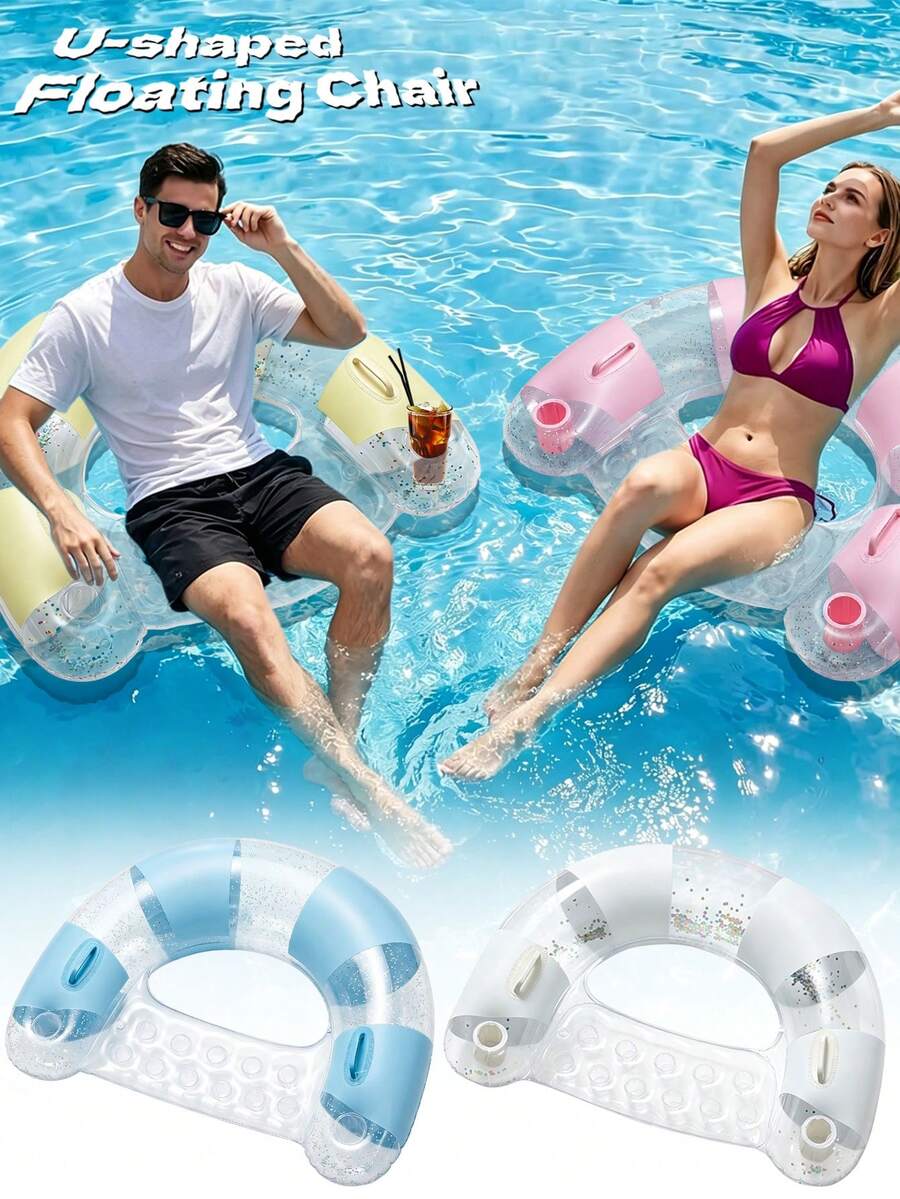 Glitter Transparent U-Shaped Inflatable Pool Float Lounge Chair, Dual Cup Holder Floating Raft With Side Handles, Thickened PVC Foldable Swimming Float, Suitable For Beach, Pool, Summer Water Party - Multicolor - View 1