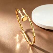 Luxury 18K Gold Plated Stainless Steel Bracelet 5-Piece Set, Bamboo Joint Open Bangle, Rectangular Pendant Thin Chain, Hollow Clover Bracelet, Cuban Thick Chain, Paperclip Chain, Non-Fading Women's Layered Jewelry Gift - Gold - View 3