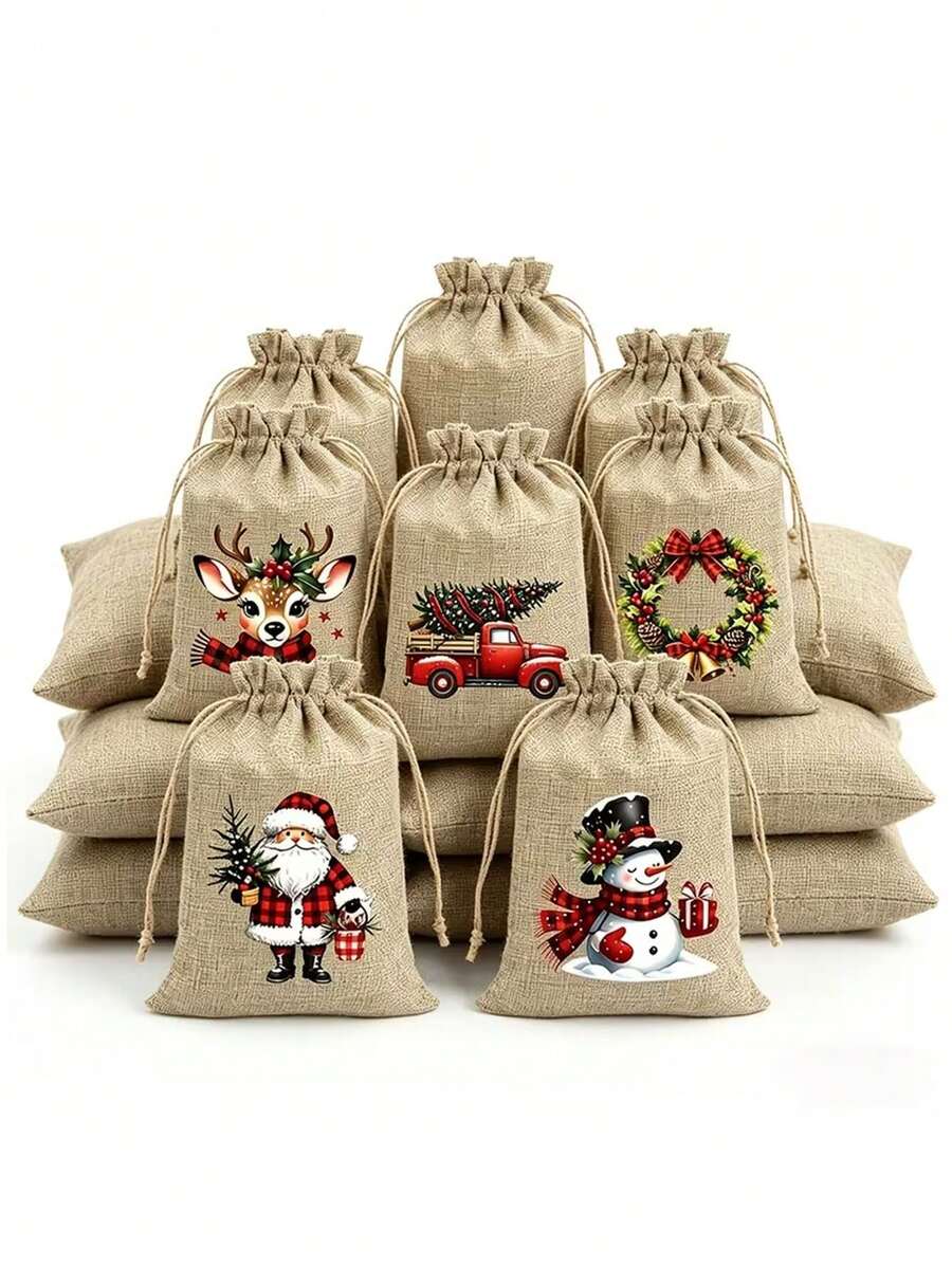 5pcs/1pc Christmas Linen Drawstring Gift Bags – Suitable For Christmas Parties, Christmas Tree Decorations, Themed Parties, Thanksgiving, New Year, Christmas Party Favors, Holiday Parties, And Festive Scene Decorations. - One Size Fits All - View 1