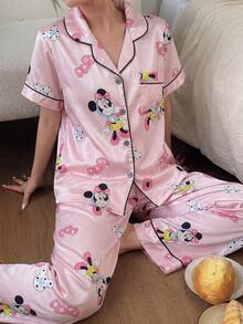 Disney 2-Piece Set Cartoon Print Casual Versatile Short Sleeve Button-Front Top Elastic Waist Long Pants Women's Pajama Set Suitable For All Seasons Home Wear - Pink - View 1
