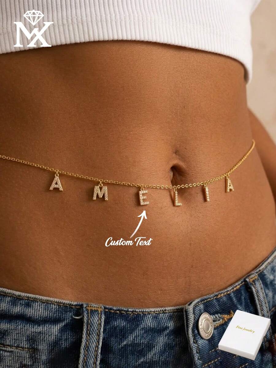 1pc Minimalist Cubic Zirconia Gold Letter Waist Chain, Customized Simple Letter Name Waist Chain, Copper Letter Waist Chain, Fashion Gift For Mother, Friend - Golden - View 1