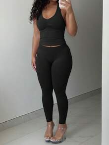 LovelyWholesale Women'S Casual V-Neck Ruched Bust Vest Top And Leggings Yoga Two Pieces Set Summer Outfits Four Season Clothes For Women Black Elegant - Black - View 11