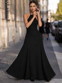 Vestido largo elegante negro de cuello halter para mujer Mokiwe, diseño versátil casual de moda para vacaciones de verano, desplazamientos y trabajo - Negro - Ver 2