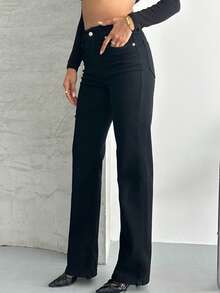 Wide Leg High-Waisted Palazzo Stretch Denim Pants - Black - View 3