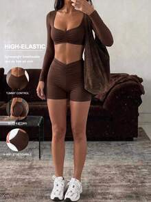 Solid Ruched Detail Crop Long Sleeve Top & V Front Biker Shorts Two Pieces Suit, Skinny Stretchy Matching Set For Workout Running Casual Elegant - Coffee Brown - View 1
