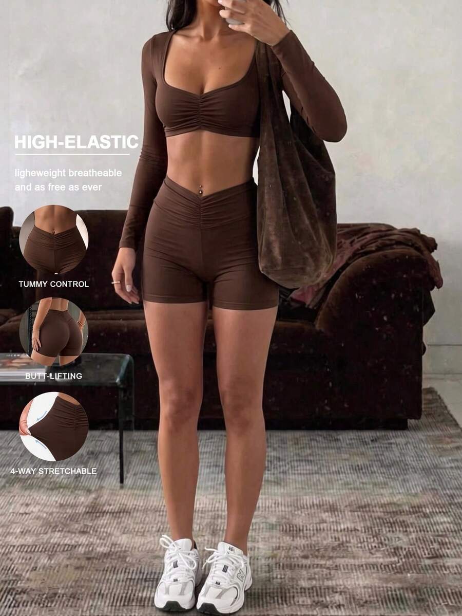 Solid Ruched Detail Crop Long Sleeve Top & V Front Biker Shorts Two Pieces Suit, Skinny Stretchy Matching Set For Workout Running Casual Elegant - Coffee Brown - View 1