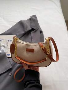 Women's Shoulder Bag, Canvas Material Solid Color Bohemian Style Handbag, Gold Chain Zipper Design, Casual Daily Wear, Suitable For Spring And Summer - Brown - View 5