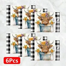 1pc/4pcs/6pcs Highland Cow Pattern Printed Linen Placemats, Rectangular Table Mats, Washable, Easy To Clean, Plate Mats, Bowl Mats, Western Style Placemats, Suitable For Kitchen, Dining Room, Family Gatherings, Coffee Table And Daily Table Decoration - Multicolor - View 14