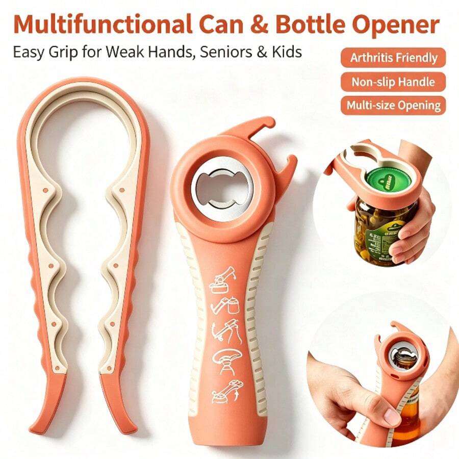 Multifunctional Can And Bottle Opener Suitable For People With Arthritis; Designed For The Elderly, Children, Women, And Those With Limited Hand Strength; A Versatile Kitchen Tool (Orange). - View 1